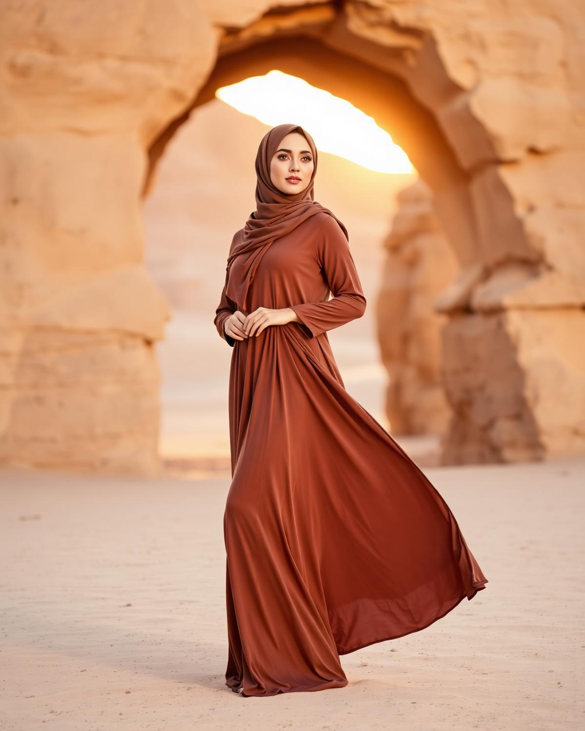 Abaya editorial di bawah lengkungan sandstone